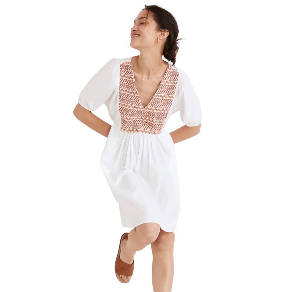 Madewell Embroidered Poplin Mini Dress Puff‎ Sleeve V neck Size XS NWOT